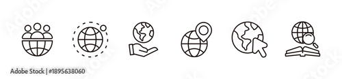 Simple worldwide planet earth globe icon line set. Global network business, international connection search map location, world travel signs outline vector illustration
