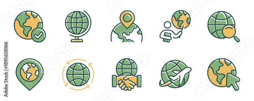 Success business international network connection icon set. Worldwide earth globe, world travel, global map location navigation, ecosystem growth strategy globalization signs vector illustration