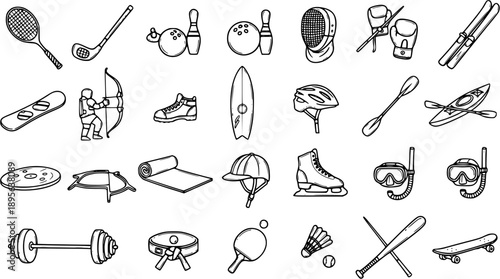 Sports Equipment Black and White Line Art Icons Collection. Outline Doodle Set for Recreation, Fitness, and Outdoor Activities.
