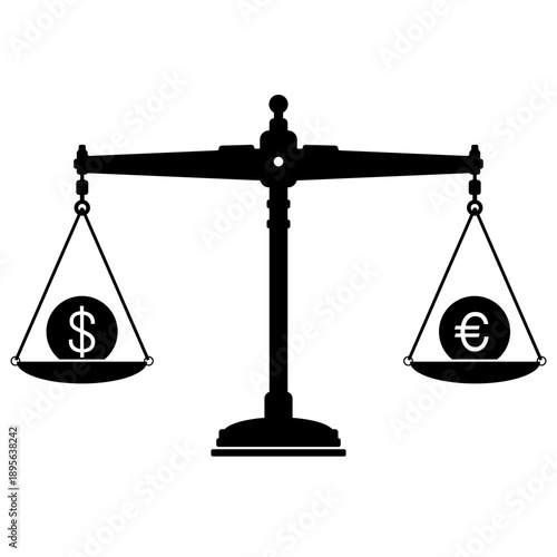 Weighing Scale With Currency. Exchange Balance and Conversion Concept. Vintage Measuring weight Instrument Concept Icon Black Silhouette Illustration