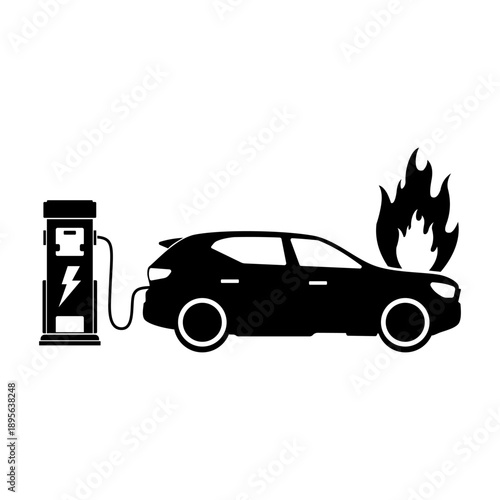 Electric Car On Fire With Charging Station Accident Insurance Claim Black Icon Vector