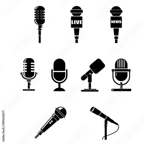 Microphone Mic Audio Recording Equipment Silhouette Vector Icons Set Black