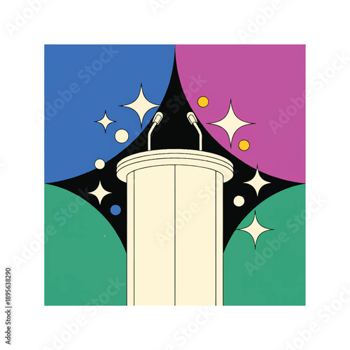 Podium with microphones and abstract colorful background with stars debate speech.
