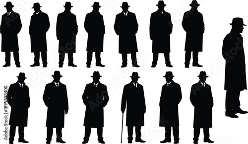 Collection of Detective Silhouette Vector Illustration Set, Men in Vintage Overcoats and Fedora Hats for Mystery Noir Spy and Retro Crime Design Template
