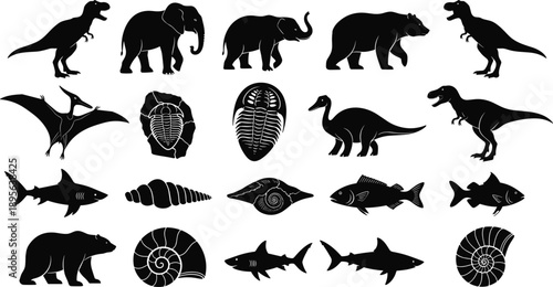 Collection of Wild Animal Silhouette Vector Illustration Set, Prehistoric Dinosaur Elephant Bear and Marine Life Fossils for Ancient History Nature Graphic Design Template