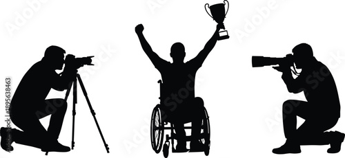 Silhouette of Disabled Athlete in Wheelchair Celebrating with Trophy Being Photographed by Two Photographers, Paraplegic Champion Success and Achievement Sports Media Design Template