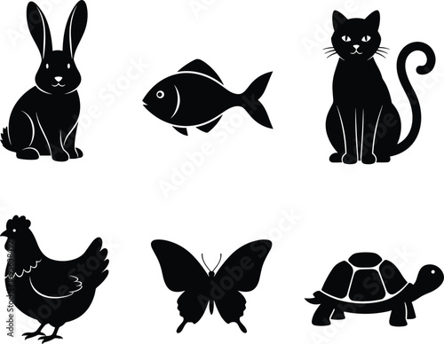 Collection of Domestic Pet and Insect Silhouette Vector Illustration Set, Rabbit Fish and Cat Icons, Chicken Butterfly and Turtle Design Graphic Template