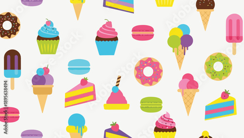 A sugary confection pattern with various desserts cakes, ice cream, donuts, and macarons