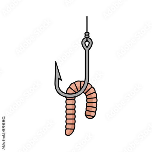 Fishing Hook with Worm Bait Simple Vector Illustration
