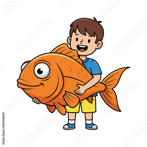 Boy Holding Huge Cartoon Fish