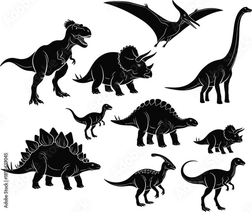 Prehistoric Dinosaur Silhouette Vector Illustration Set, T-Rex and Triceratops with Stegosaurus, Pterodactyl and Brachiosaurus Ancient Wildlife Icons for Jurassic Nature Design Graphic Template