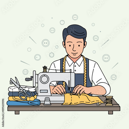 A tailor meticulously sewing fabric with a sewing machine and supplies