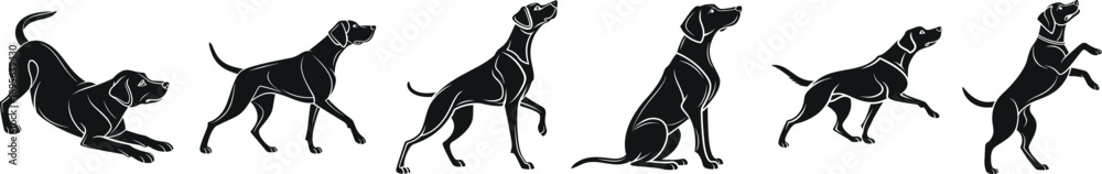 Obraz premium Dog icon, sitting pose, standing pose, walking pose, playing, running pose, laying down pose, monochrome black design, clean simple lines, minimalist style, vector icon