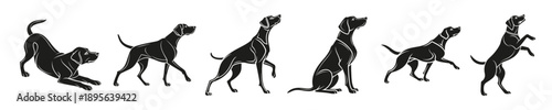 Dog icon, sitting pose, standing pose, walking pose, playing, running pose, laying down pose,  monochrome black design, clean simple lines, minimalist style, vector icon