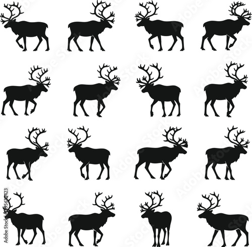 Collection of Reindeer Silhouette Vector Illustration Set, Arctic Caribou Standing and Walking Positions, Christmas Holiday Deer Wildlife Icons for Winter Nature Design Template