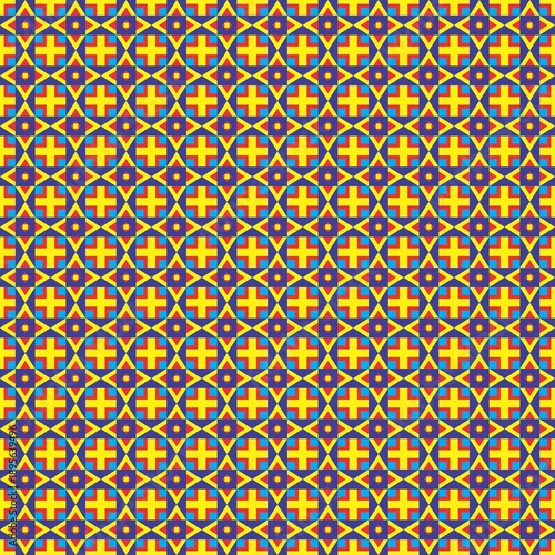 Geometric textures in cyan, blue, red, and yellow.
