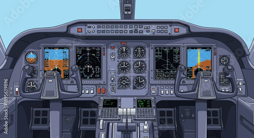 Detailed vector illustration of an aircraft cockpit from a pilot's view, featuring a comprehensive control panel and instrumentation.