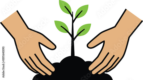 Vector illustration of human hands gently tending to a vibrant young plant in fertile soil, symbolizing growth, care for nature, environmental conservation, sustainable development, and new beginnings