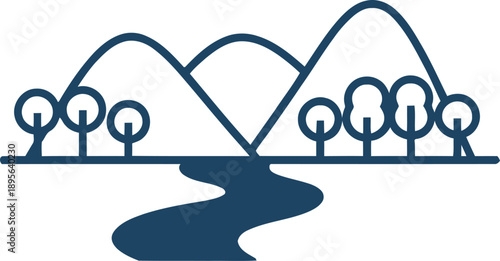 Minimalist blue line art illustration of a serene natural landscape, featuring rolling mountains, a winding river, and a tranquil forest, symbolizing peace and environmental harmony