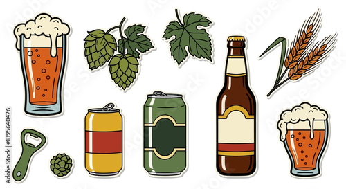 A collection of beer-related items including glasses of beer, hops, wheat, cans, a bottle, and a bottle opener.