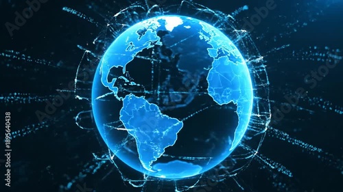 Dynamic digital earth globe rotating, showcasing global network, communication, and technological data flow