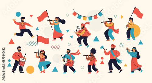 Diverse group of people celebrating with music and flags, featuring traditional instruments and festive decorations in a vibrant illustration.