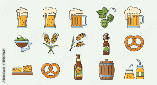 Illustration of various beer bottles alongside key brewing ingredients like wheat, hops, and malt, set against a light background.