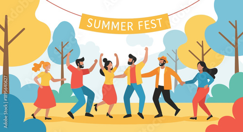 A group of diverse people dancing happily at an outdoor summer festival with trees in the background.