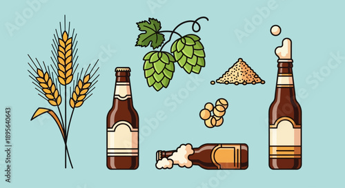 Illustration of beer brewing ingredients and bottles, including wheat, hops, malt, yeast, and finished beer.