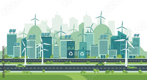 A vibrant illustration of a sustainable city with green buildings, solar panels, wind turbines, and electric cars, showcasing eco-friendly urban development.