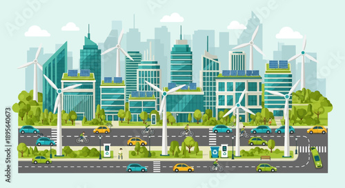 A vibrant illustration of a modern sustainable city with green buildings, wind turbines, solar panels, electric cars, and charging stations.