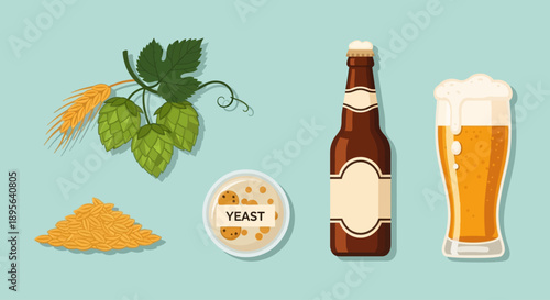 A collection of ingredients and finished products related to beer making, including hops, barley, yeast, a beer bottle, and a glass of beer.