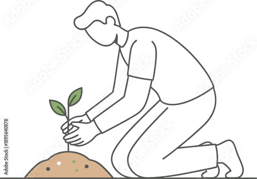 Illustration of a person planting a young plant in fertile soil, symbolizing growth, sustainability, and new beginnings