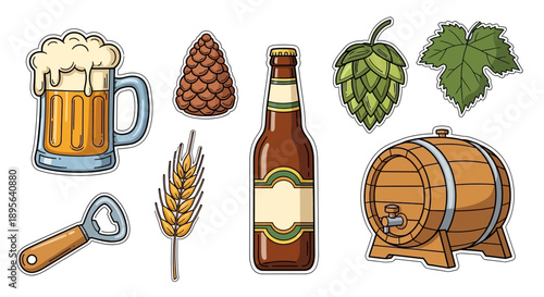 A collection of illustrations related to beer making, including a mug of beer, a bottle, a barrel, hops, barley, a pine cone, and a bottle opener.