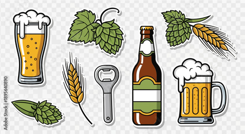A collection of illustrations featuring beer, hops, barley, and a bottle opener, perfect for beverage-related designs.