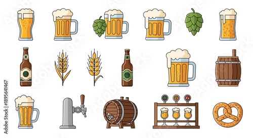 A collection of various beer-related icons including glasses, mugs, bottles, hops, wheat, barrels, a tap, and a pretzel.