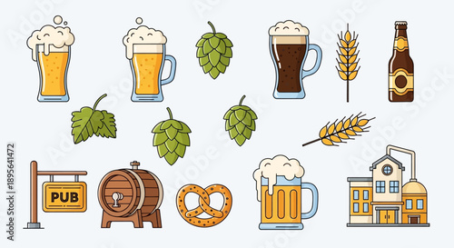 A collection of flat design icons representing various elements associated with beer and pubs, including glasses of beer, hops, wheat, a pub sign, a barrel, a pretzel, and a brewery.