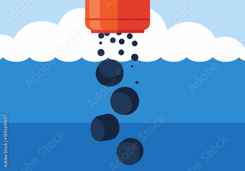 An automated feeder dispenses small pellets into water. Clean, modern design with a bright blue background. Ideal for tech or aquarium visuals.