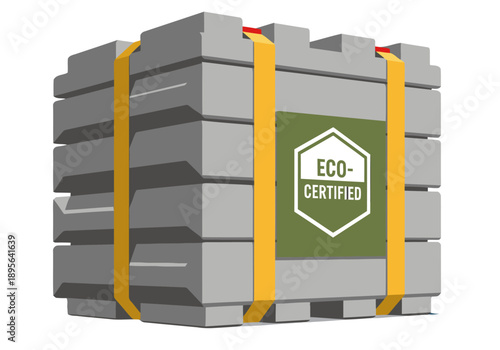 A certified, eco-friendly battery storage unit is secured with straps and a prominent 'Eco-Certified' label. Modern, clean design for commercial use.