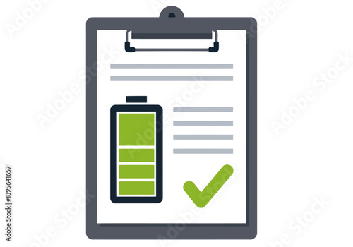 A clipboard displays an environmental battery waste policy graphic. A charging battery icon with a checkmark signifies compliance. Modern, flat design illustration.