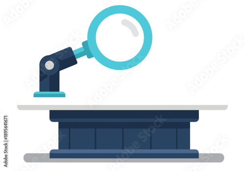 A clean workstation inspection with a magnifying glass, highlighting detail and organization. Modern, bright, and professional.