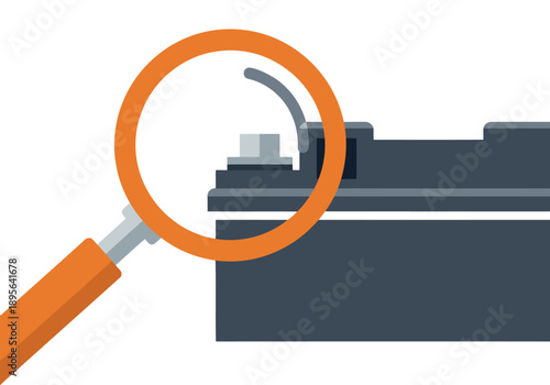 Close-up inspection of lead-acid battery A magnifying glass highlights the battery's construction Focus on detail and technical aspects Suitable for battery inspection recycling and technology themes