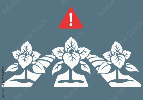 Crimson signal alerts to crop management AI system issues. Three stylized plants illustrate a critical system failure. Modern, stark design.