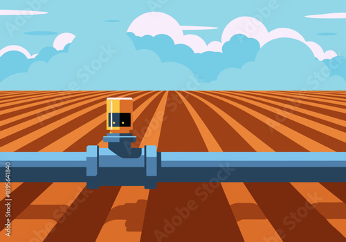 Precision irrigation system manages a smart farm. A stylized valve controls water flow across a vibrant, patterned field. Modern, agricultural technology.