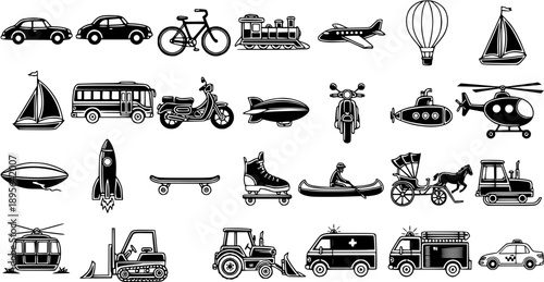 Black and White Line Art Icons of Various Transportation Vehicles and Modes