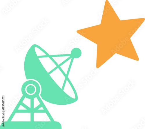 A stylized satellite dish transmits a signal to a bright yellow star. Modern, clean design. Ideal for tech, space, and communication themes.