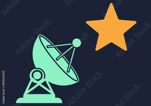 A stylized satellite dish transmits a vibrant star signal. Modern, clean design with teal and orange hues. Ideal for space tech or communication concepts.