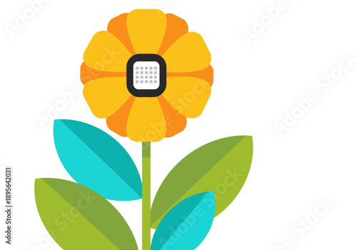 A stylized smart flower with a sensor displays agricultural technology. Modern, vibrant design for tech, farming, or sustainability concepts.