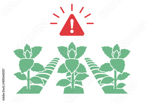 Three crops are monitored by an AI system. A warning symbol highlights the system's alert. Modern, graphic design. Suitable for tech and agriculture themes.