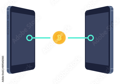 Two smartphones exchange a Bitcoin NFT. A clean, modern illustration showcases a peer-to-peer crypto transfer. Perfect for digital finance concepts.